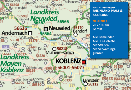 Postleitzahlenkarte Rheinland-Pfalz – Mit allen Postleitzahlengebieten und selbstständigen Gemeinden (Kopie) (Kopie)